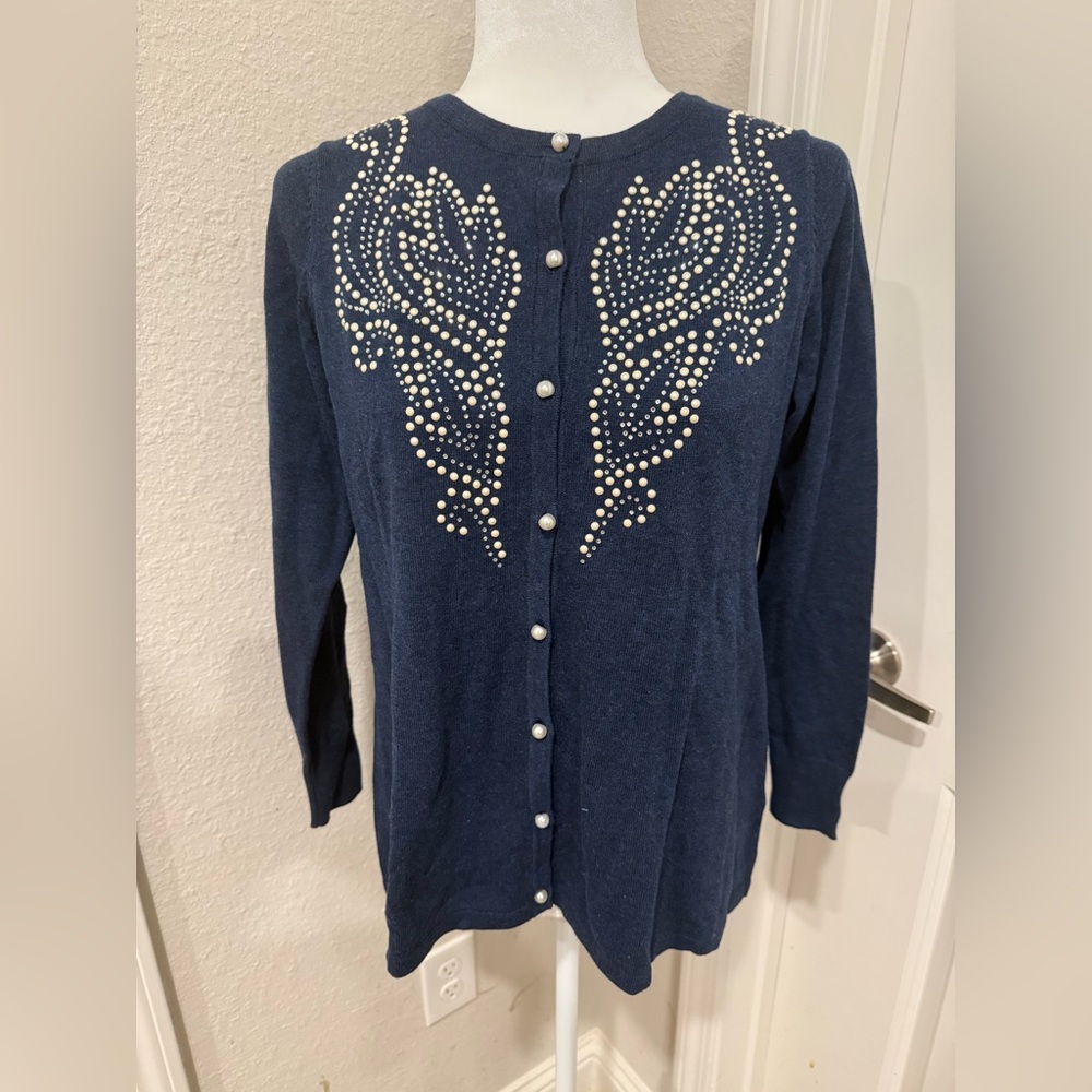 NWT Bob Mackie Navy Cardigan with Pearl Accent Sz XXS